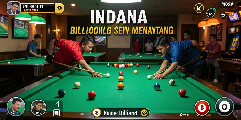 Antarmuka pengguna INDAAA menampilkan meja billiard yang atraktif dan kontrol yang intuitif.