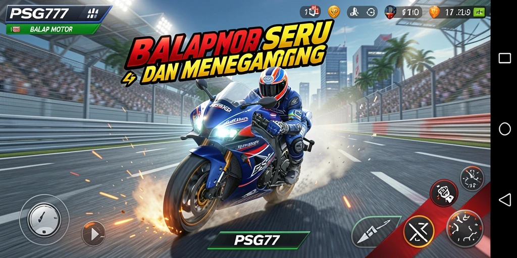Tampilan antarmuka PSG77 dengan motor balap di lintasan.